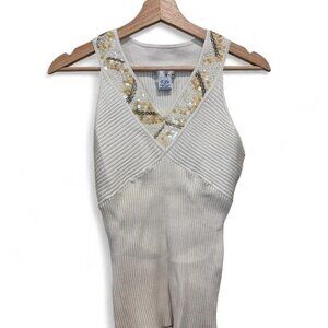 Y2K WD.NY Ribbed V Neck Sequin Beaded Tank Cream Size XL
